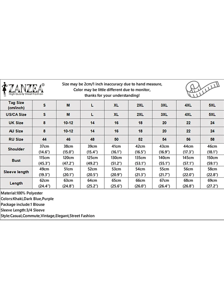 잔제아 캐주얼 루즈 탑 여성 블라우스 2025 3/4 소매 여름 블루사 패션 풀오버 오버사이즈 솔리드 컬러 튜닉 여성