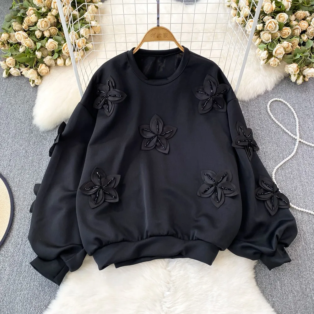 

Pullover Flower Beaded Sweatershirt Top Women's 2023 Autumn and Winter Bubble Sleeve Loose Casual Outerwear