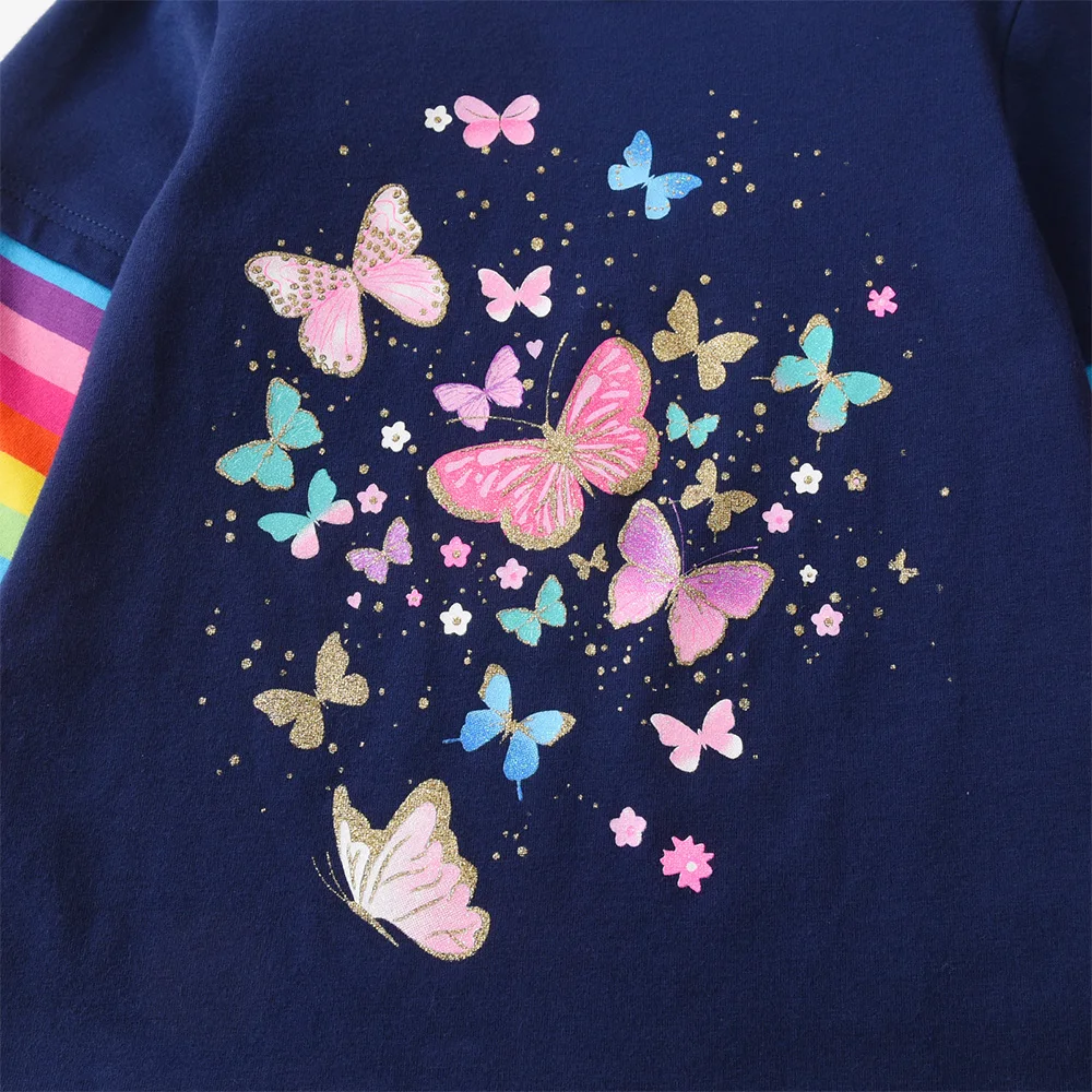 VIKITA Mädchen-T-Shirts mit Schmetterlings-Cartoon-Druck, Marineblau, für Kinder, Baumwolle, lässig, täglich, gestreift, langärmelig, O-Ausschnitt, Kinderkleidung – Detail 4