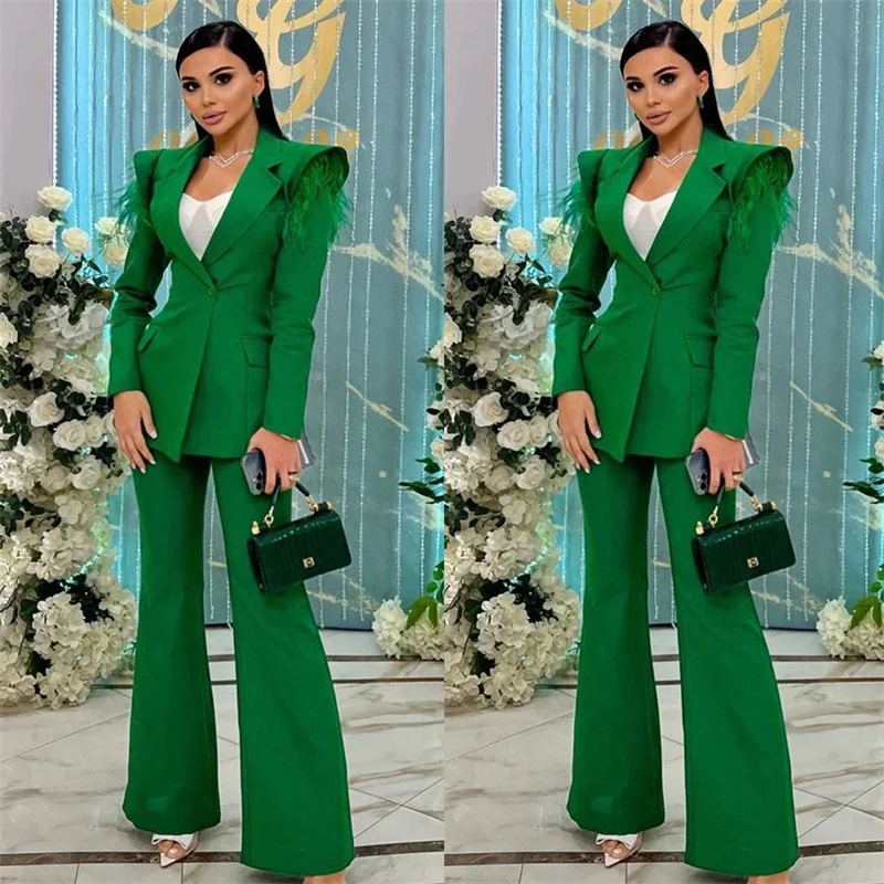 Completo da donna in piuma verde Blazer + pantaloni svasati 2 pezzi giacca da lavoro su misura per ufficio giacca da ballo per feste taglia personalizzata