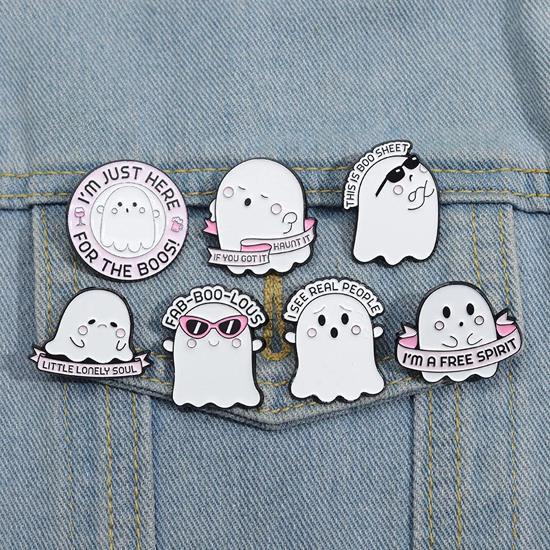 Halloween Cute Ghost Enamel Pins Custom LITTLE LONELY SOUL Brooches Lapel Badges Cartoon Funny Jewelry Gift for Kids Friends