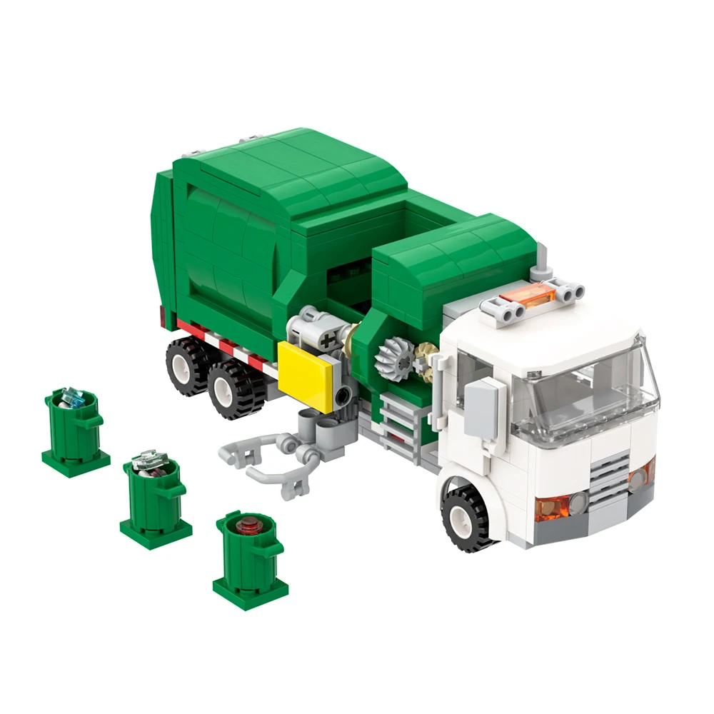 

Green & White Sanitation Truck MOC Building Blocks, City Cleaning Vehicle with Rotating Brushes, DIY Engineering Model for Kids