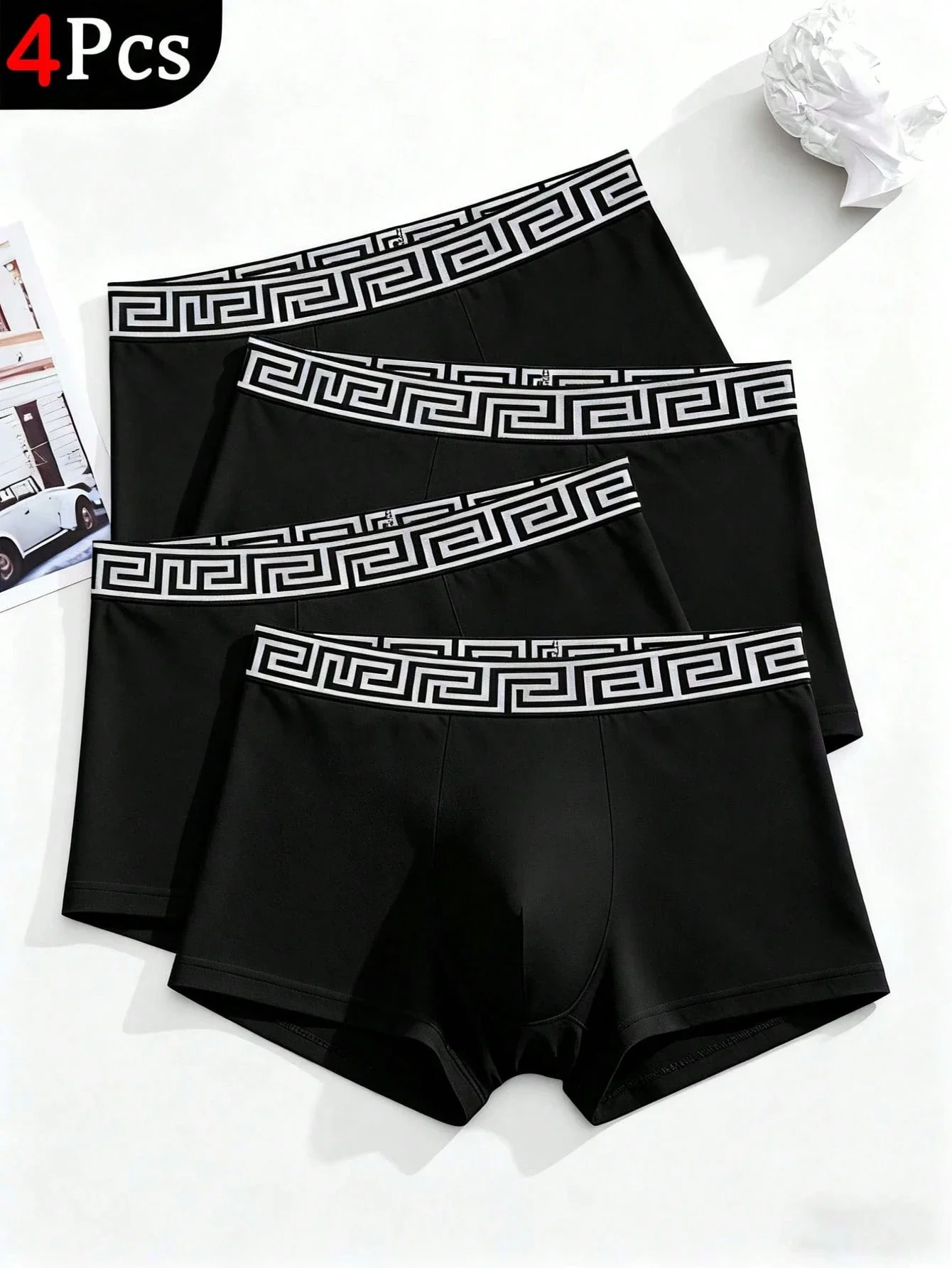 

Мужские черные боксеры (4 шт.) с поясом с узором «греческий ключ»