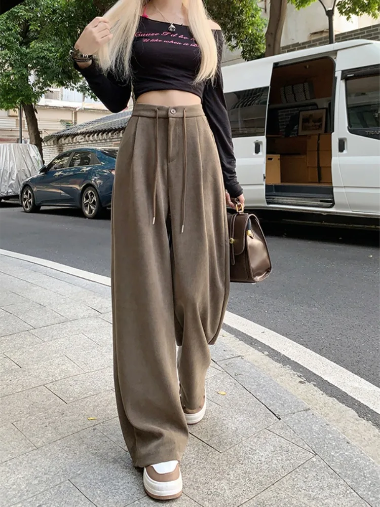 Grey Drawstring Suit Pants Women Spring And Autumn 2023 New High Waist Sagging Wide Leg Pants For Casual Versatile