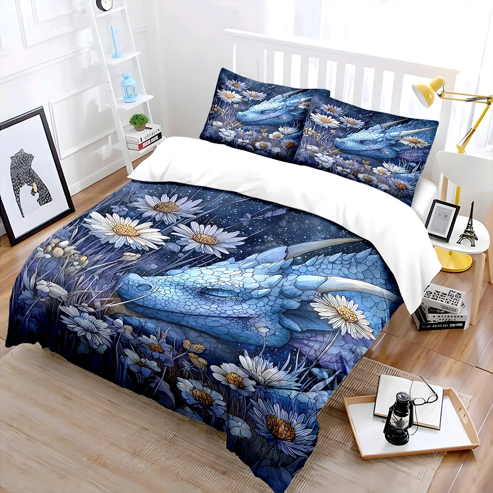 3pcs Blue dragon sleeping in flowers Pattern Duvet Cover Set Digital Print Colorful Polyester Bedding with Zipper Closur