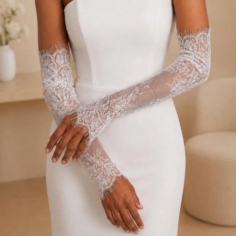 45cm Elegant Hollow Sheer Lace Bridal Sleeves Fingerless Wedding Gloves Long Eyelash Arm Sleeves Party Evening Dress Accessories