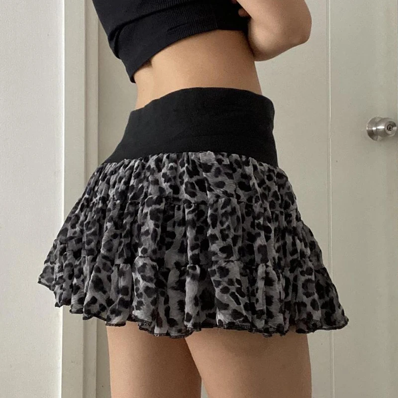 IAMHOTTY Leopard Print Mesh Patchwork Mini Skirt High Waist A-line Double Layer Skirts Fairycore Grunge Bottoms Y2K Streetwear