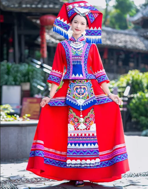 Chinese Flok Dance Dress Woman New Style Yao Stage Performance Include Hat Suit