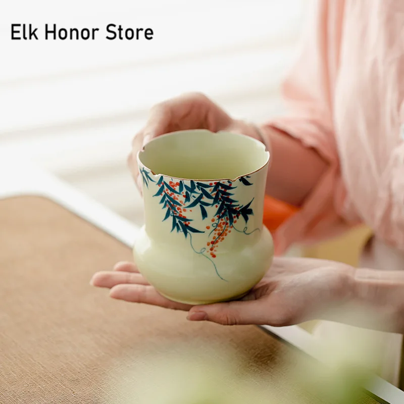 470ml Pure Hand-painted Wisteria Flower Jianshui Elegant Washing Cup Bowl Writing-brush Washer Household Chaxi Teaset Decoration