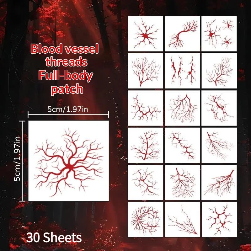 *30 Sheets Non-Toxic Halloween Temporary Tattoos Realistic Red Bolt Vein Pattern Face Tattoo Stickers for Kids Adult Party Use