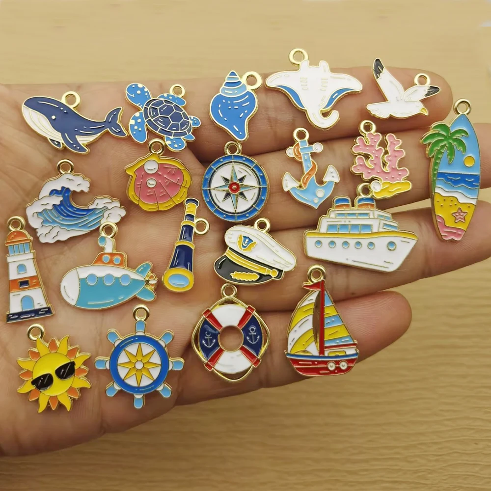 10pcs Sea Beach Boat Animal Charm for Jewelry Making Necklace Bracelet Keychain Pendant Diy Craft Accessories Metal Gold Plated