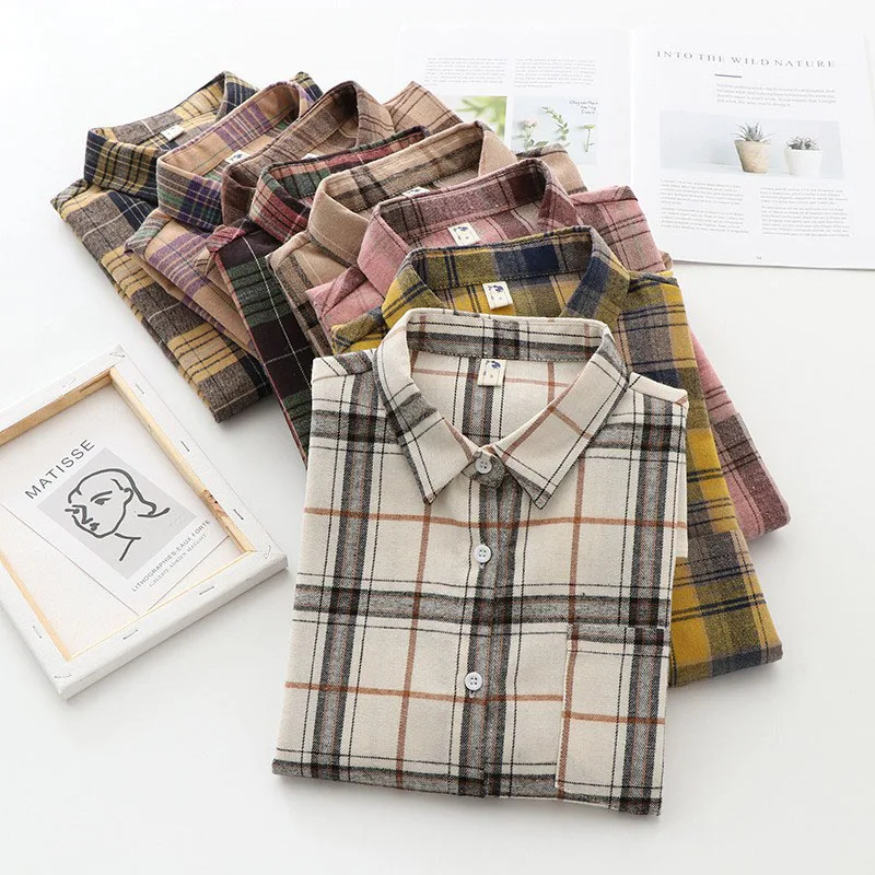 

Vintage Plaid Shirts for Women 2025 Spring Autumn Casual Loose Turndown Collar Blouse Female Korean Trendy Versatile Check Shirt