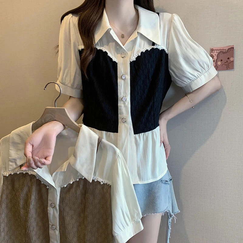 Women Print Blouse Summer Lapel Collar Short Sleeve Shirt Thin Large Size Loose Single-breasted Vintage Black Khaki T-Shirt Tops