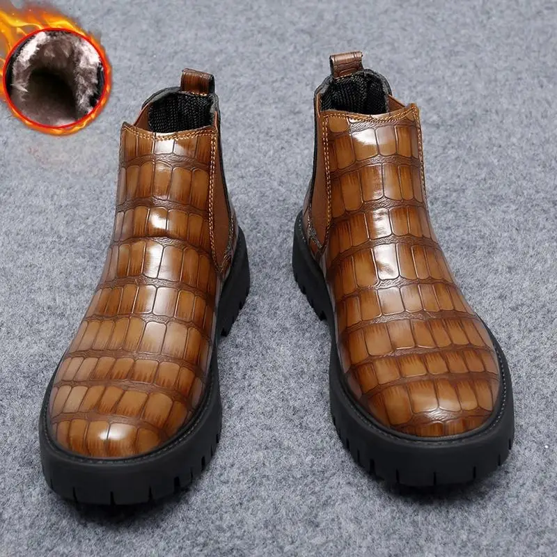 Autumn Winter Men Checkered Embossed Thick Soled Chelsea Boots Fashionable Retro Elastic Band Business Casual