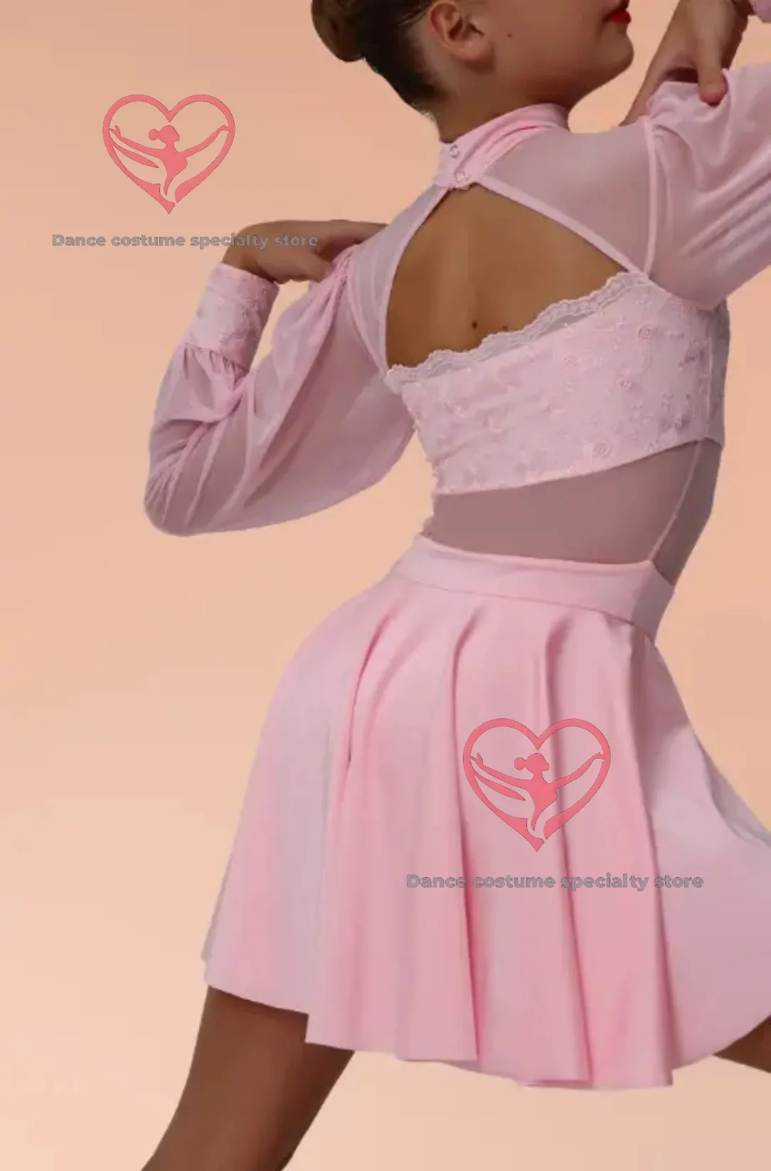 Stage Boutique Factory Unique Pink Embroidered Lace Soft Mesh Dance Costume with Long Puffy Sleeves for Lyrical Performance