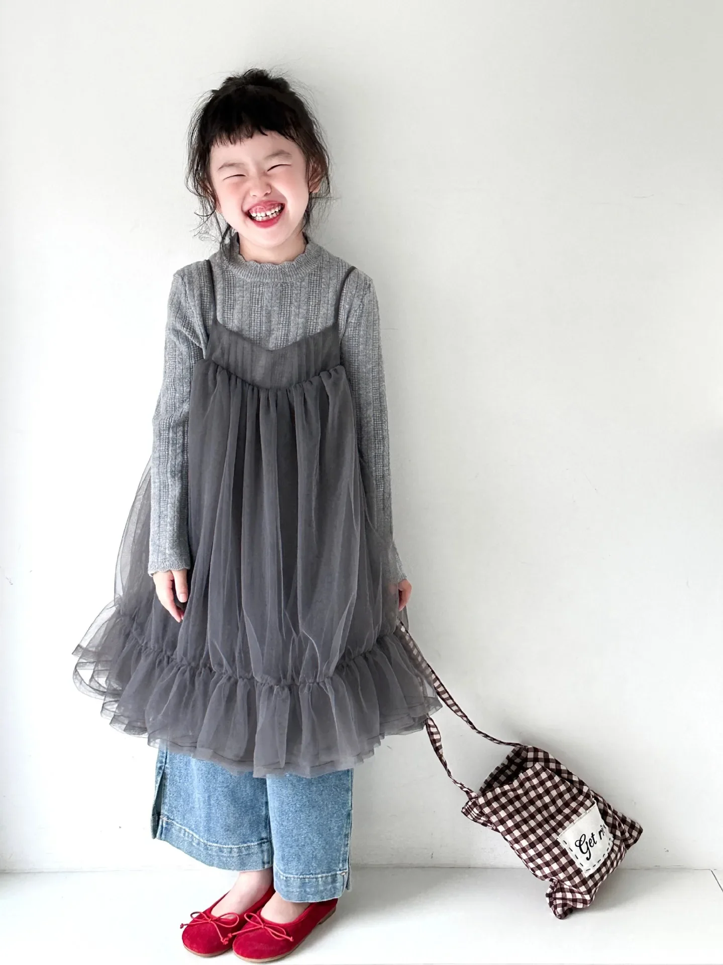 2024 Korean Children\'s Clothing Autumn New Girls\' Strap Mesh Dress Solid Color Knitted Bottom Shirt Split Jeans