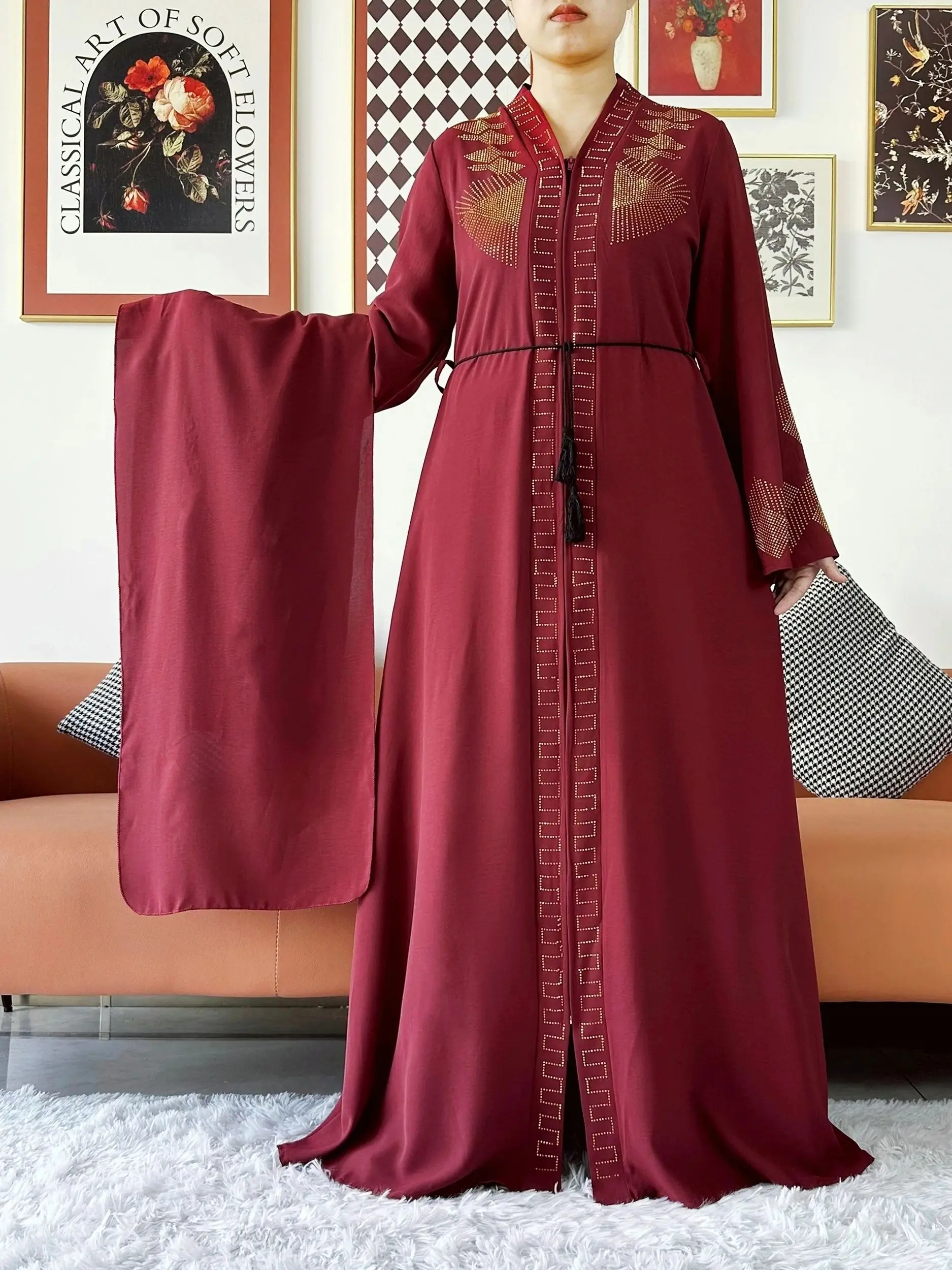 NONE Neue Frauen Elegantes Kleid Chiffon Offene Abaya mit Reißverschluss Muslimische Frauen Kleid Islamische Kleidung Strickjacke Abaya Frauen Muslimischen Kleid 9