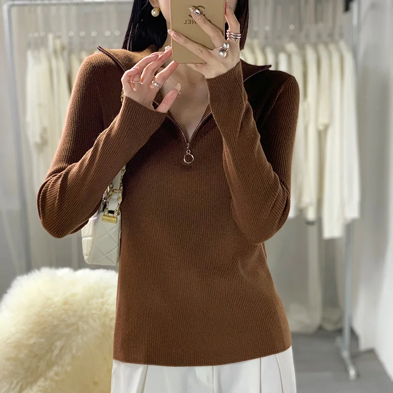 Women 100% Merino Wool Sweater High Flip Half Open Zippered Collar Pullover Autumn Winter Casual Slim Basis Knitwear Top