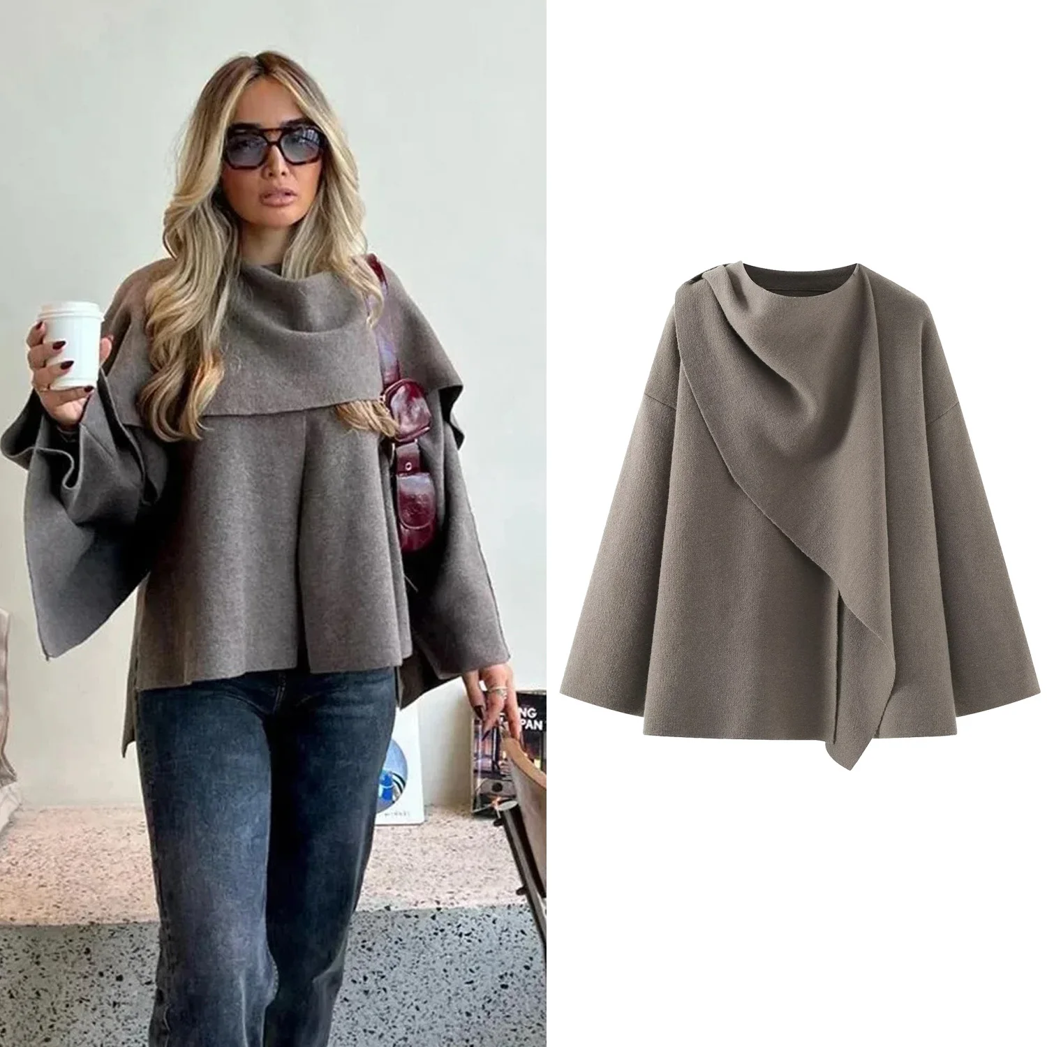 

Women Autumn Winter Jacket Female Casual Sweater Coat Knitt Loose Oversize Coat Lady Asymmetric Elegant Split Chic Scarf Jackets