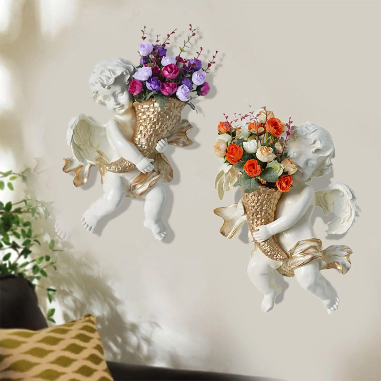 Angel Flower Pot Wall Art Ornaments with Fake Flowers Gift Organizer Plant Containers Angel Sculpture for Kitchen Garden Home