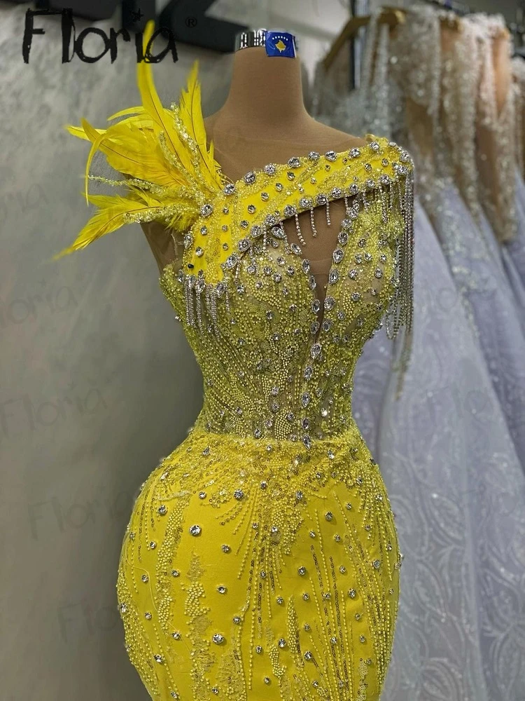 Superbe robe de soirée sirène en fibre jaune pour femme, entièrement perlée à la main, plume Citro2023, fête de mariage, quoi que ce soit