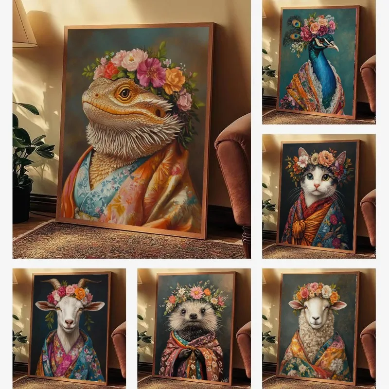 Постер с животными в кимоно: курица, ленивец, гепард, кошка, кролик, ворон, панда. Картина на холсте, настенное искусство для гостиной, домашний декор.