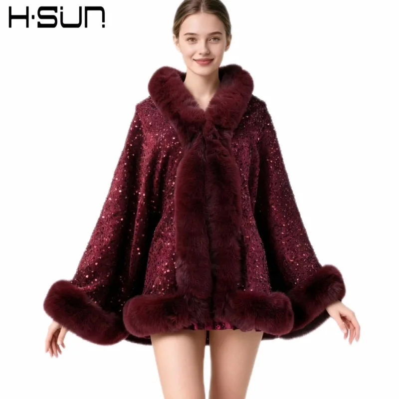 2026 winter shawl with a small vest, European American street style, solid color, sequined, and featuring a faux fur collar