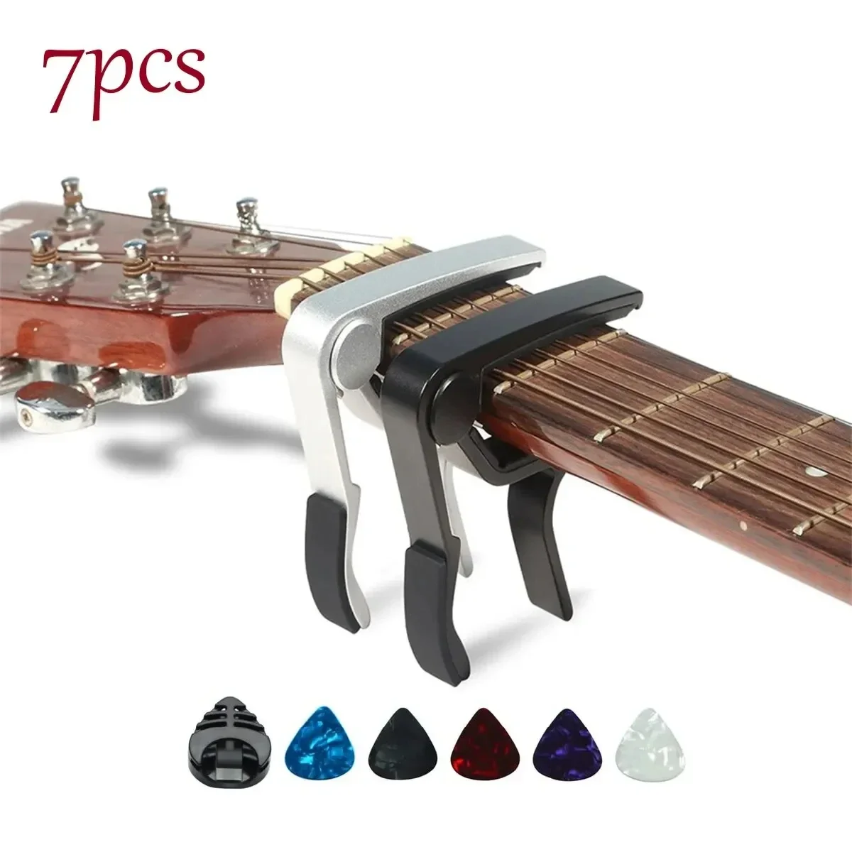 

7pcs Guitar Acoustic And Guitars With 5 Picks And 1 Holder,Black; Silver Guitar strap button Caline