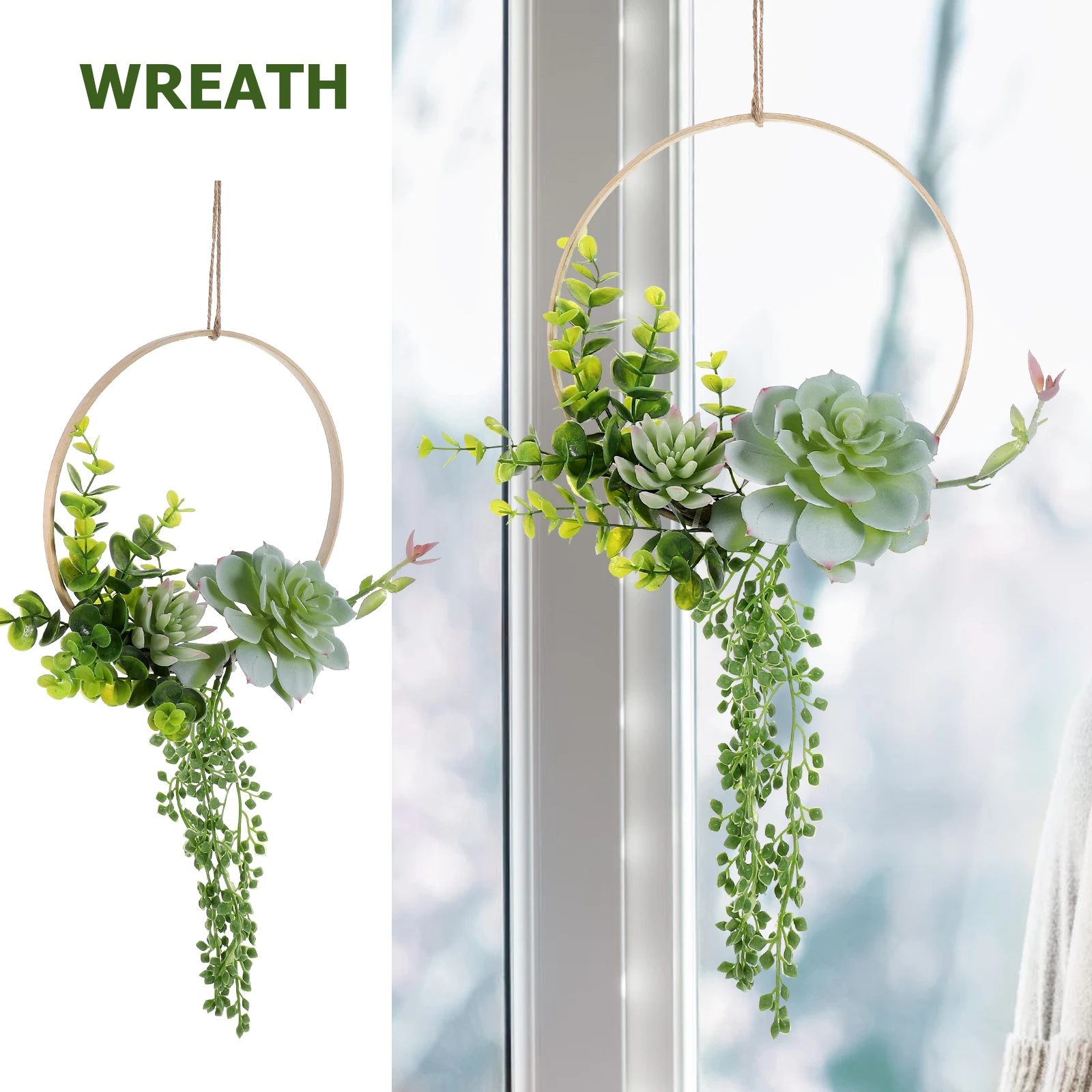 

Artificial Succulents Wreath 20cm Bamboo Ring Pink Agave Lifelike Plants Home Decor Bedroom Living Room Office Wall Hanging