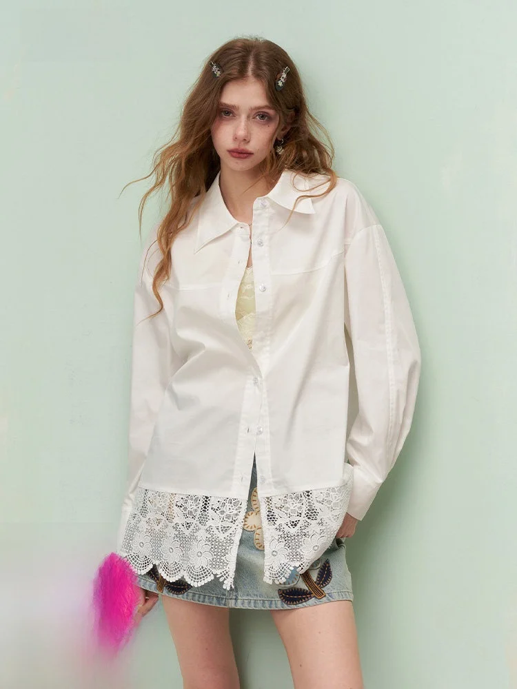 

Повседневная женская свободная рубашка с длинным рукавом и кружевными вставками, весенняя модная модель для города, белая, в стиле Moonlight.