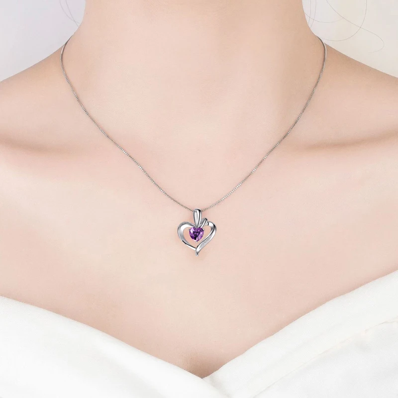 New Fashion 925 Sterling Silver Jewelry Fine Purple Zircon Heart Pendants Neckalce CZ Clavicle Chain Women&Girl Anniversary Gift
