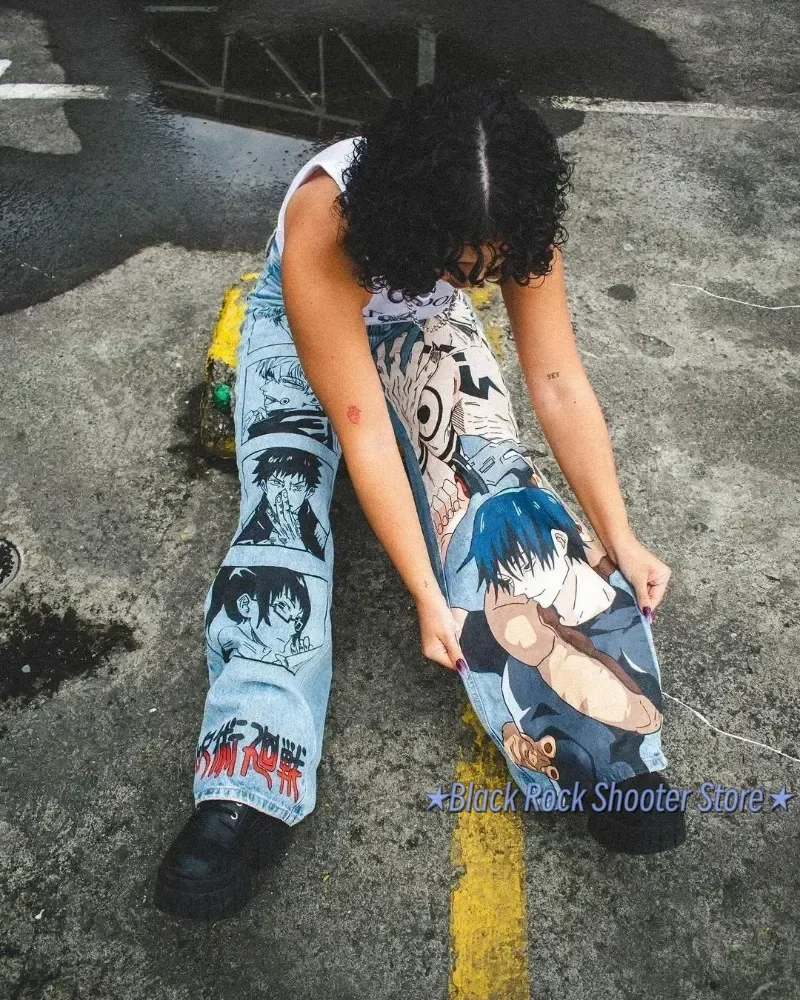 Y2k baggy jeans Harajuku print pattern Streetwear fashion Hip Hop men women high waisted Casual wide leg jeans Anime clothes