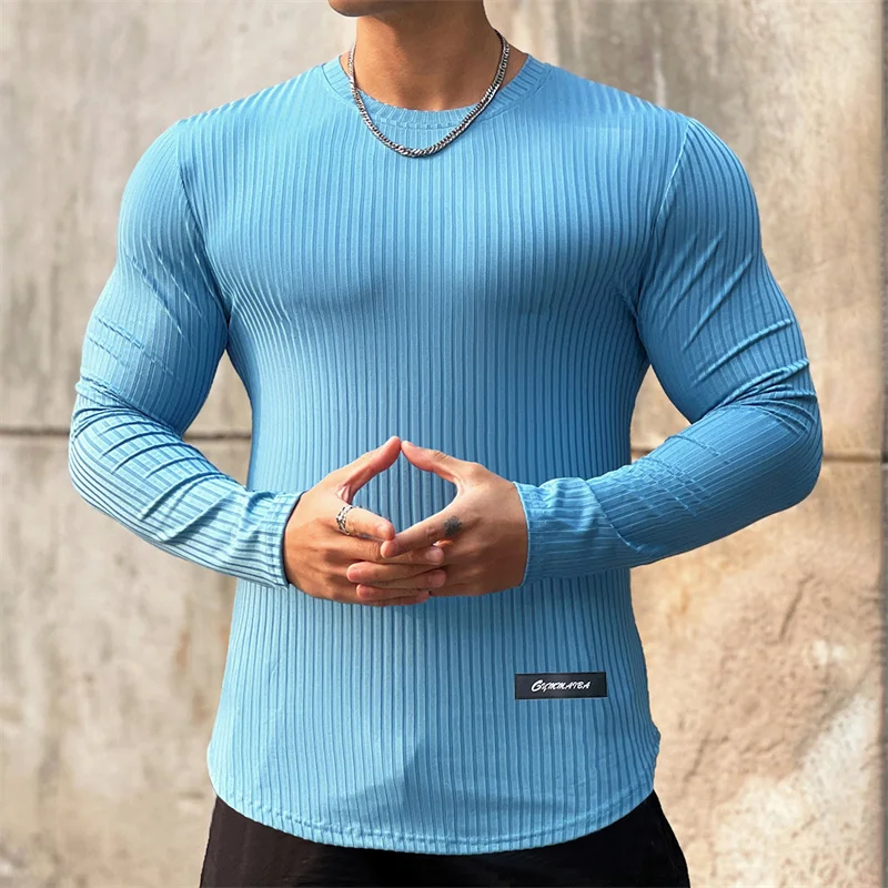 Trendy striped brand fitness breathable long sleeve running training T-shirt elastic quick drying sports T-shirt men clothing