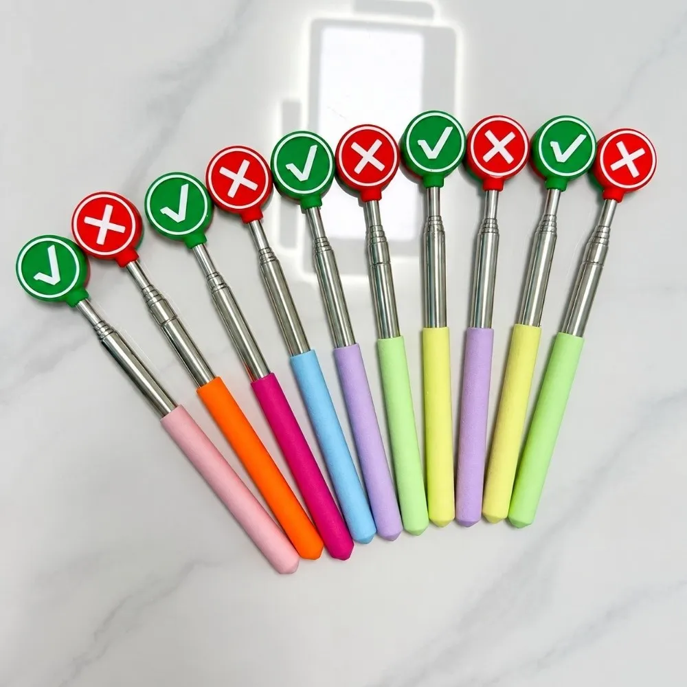 Retractable Teacher Pointer Stick Stainless Steel Non Slip Grip Finger Reading Sticks with Check and Cross Symbol