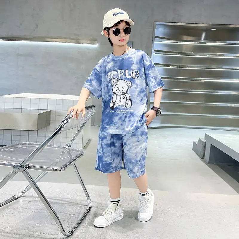 2024 summer Teenager Boys Clothes Casual Outfit Kids Tracksuit bear print Child t shirt + shorts hot pant  5 6 7 8 9 10 12 Year