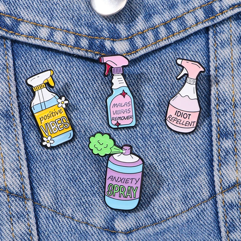 PULVERIZADOR creativo esmalte broche insecticida Spray Limpieza de humos Vibes positivos repelente Rosa olla insignia Punk solapa alfileres joyería