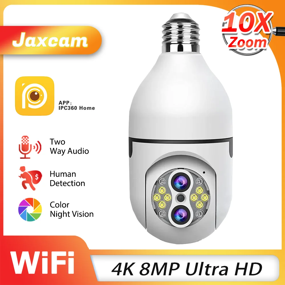 IPC360 Home 4K 8MP 10X Zoom E27 Bulb Camera  Auto Tracking Indoor Video Surveillance Home Security  Floodlight WiFi Camera