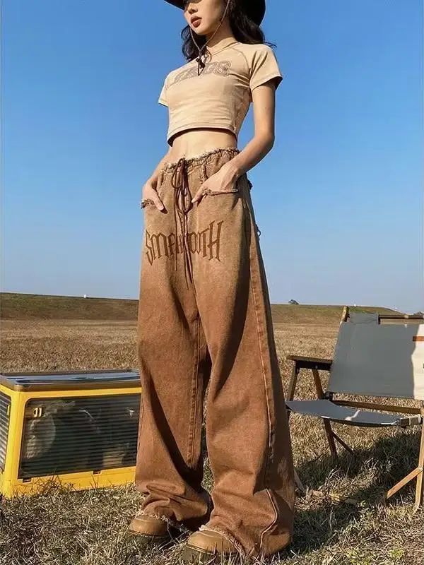 

Джинсы-брюки прямого кроя в стиле ретро-американский дизайн, двухцветные, унисекс, длиной до пола, широкие штанины, для весны и осени