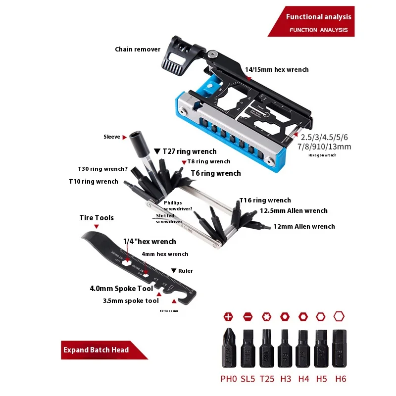 38-in-1 Multi-Function Bicycle Repair Tool Set Screwdriver Bits Nuts Spanner Bike Chain Cutter Multitool EDC Gear