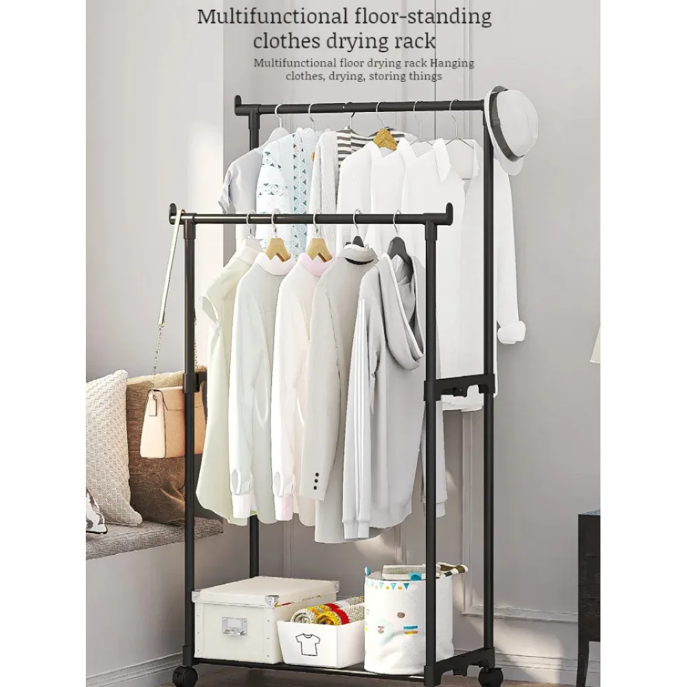 Double Column Clothes Rack with Wheels High-capacity and Simple Rack Storage Organizer Dust-proof Clothes Rack in Living Room