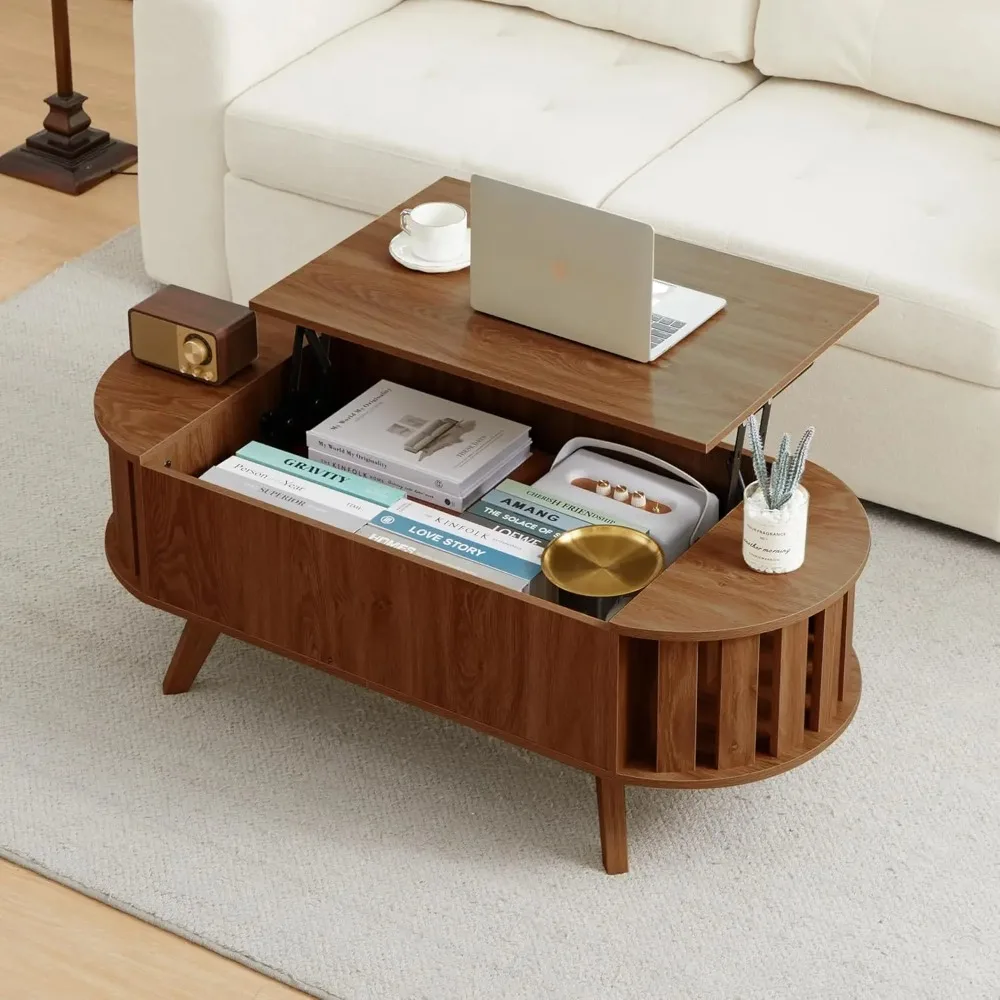 Mesa de centro superior de madeira com armazenamento oculto, mesa elevatória oval de 47,24 ", design de perfil curvo, mesa de chá baixa para sala de estar, escritório