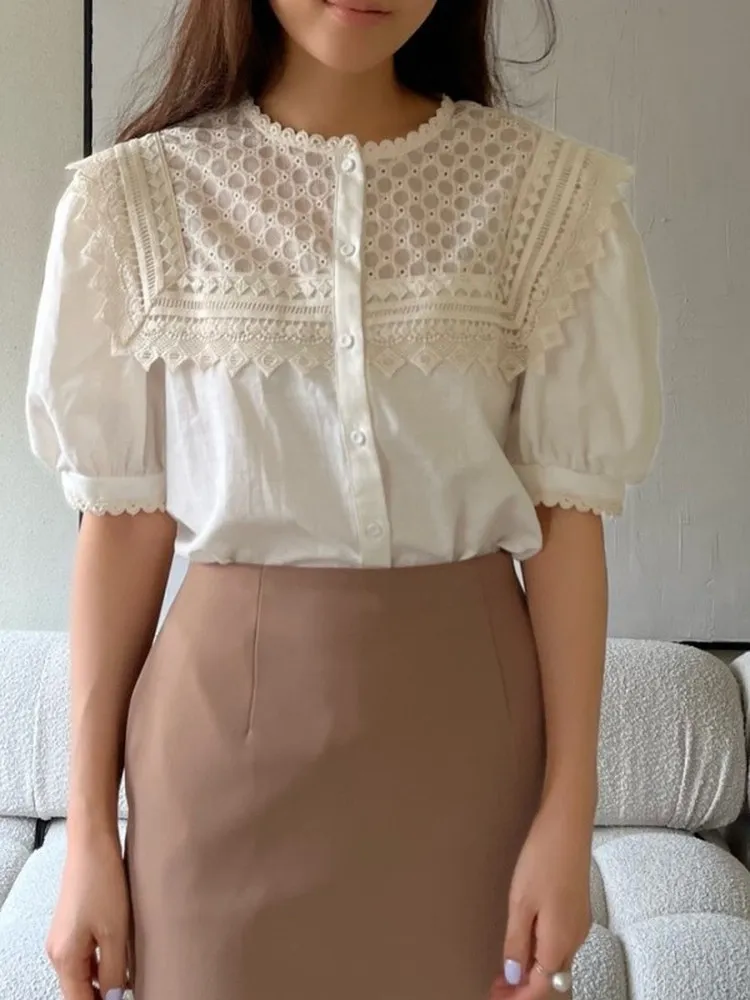 Chic Patchwork in pizzo Bubble Sve irt Top da donna ampio scavato rotondo Ne con gancio dimagrante Fiore dolce e versatile