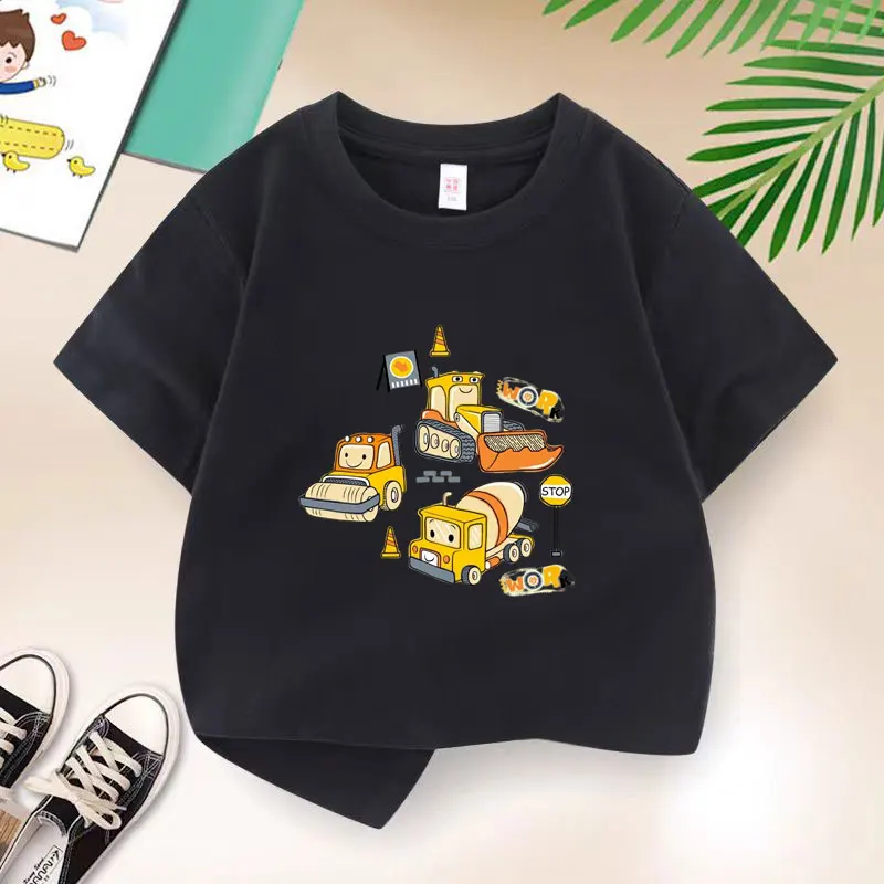 Camiseta de algodón con estampado de camión mezclador de hormigón para niños, camiseta deportiva para bebés y niños, ropa informal de viaje para niños, negro y azul, verano 2026