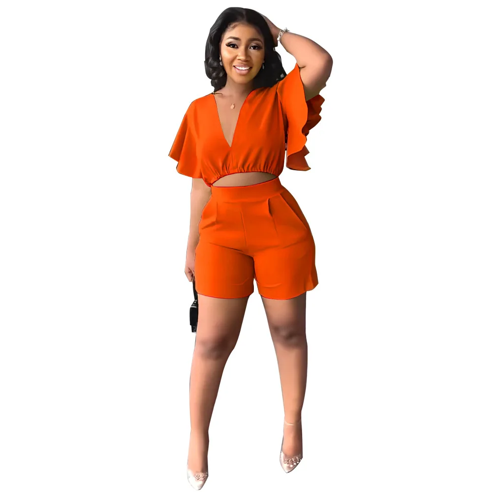 Elegant Two Piece Sets for Women Tracksuit Sexy V Neck Ruffled Sleeve Crop Top & Pockets Shorts Suits 2023 Summer Casual Outfits