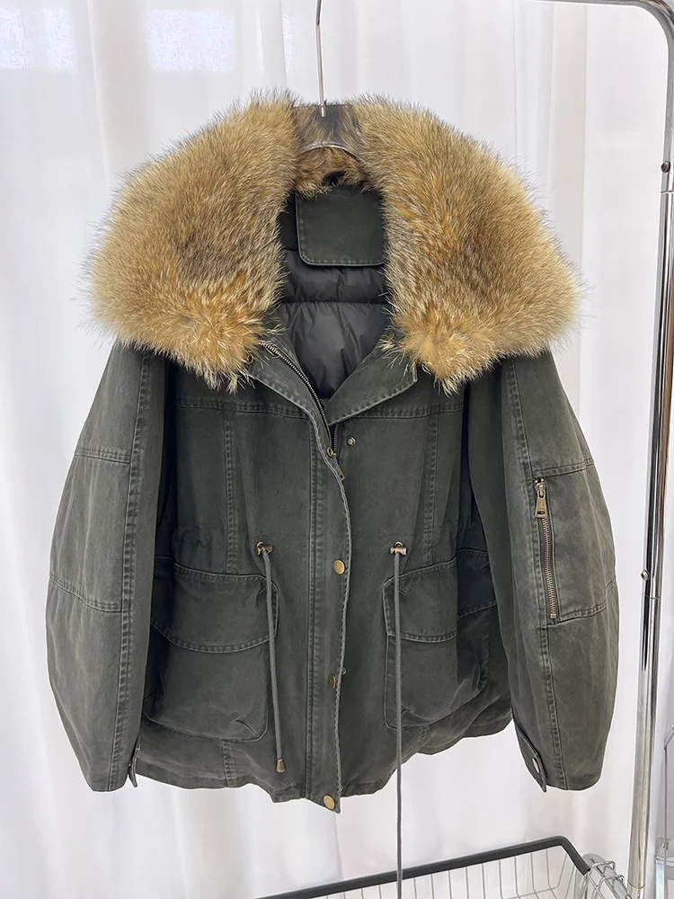 2025 New Winter Women Warm Natural Goose Down Jacket Real Fox Fur Collar Coat Min-length Luxury Thick Outwear Female Coat