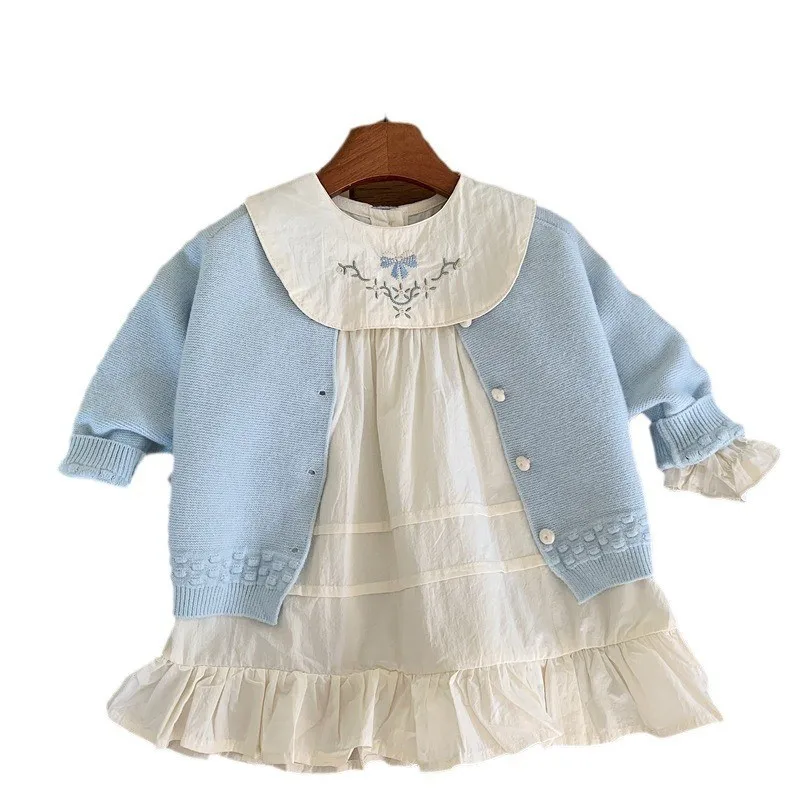 Girl\'s Sweet Embroidery Sets Autumn Children Kids Infants Cardigan+Princess Dress 2Pcs Suit