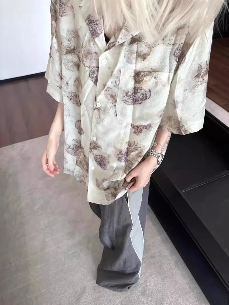 花柄プリントボタンダウンシャツ レディース襟付きルーズフィットシャツ ポリエステルカジュアルシャツ 花柄タイネクタイ レディース...