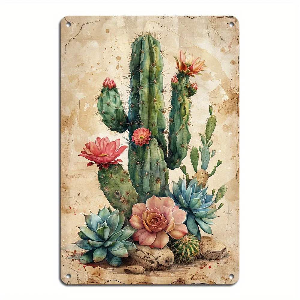 Metal Sign, Featuring Cactus and Desert Plants - Easy To Install, This Reusable Tin Foil Artwork Is Perfect Homes and Bars