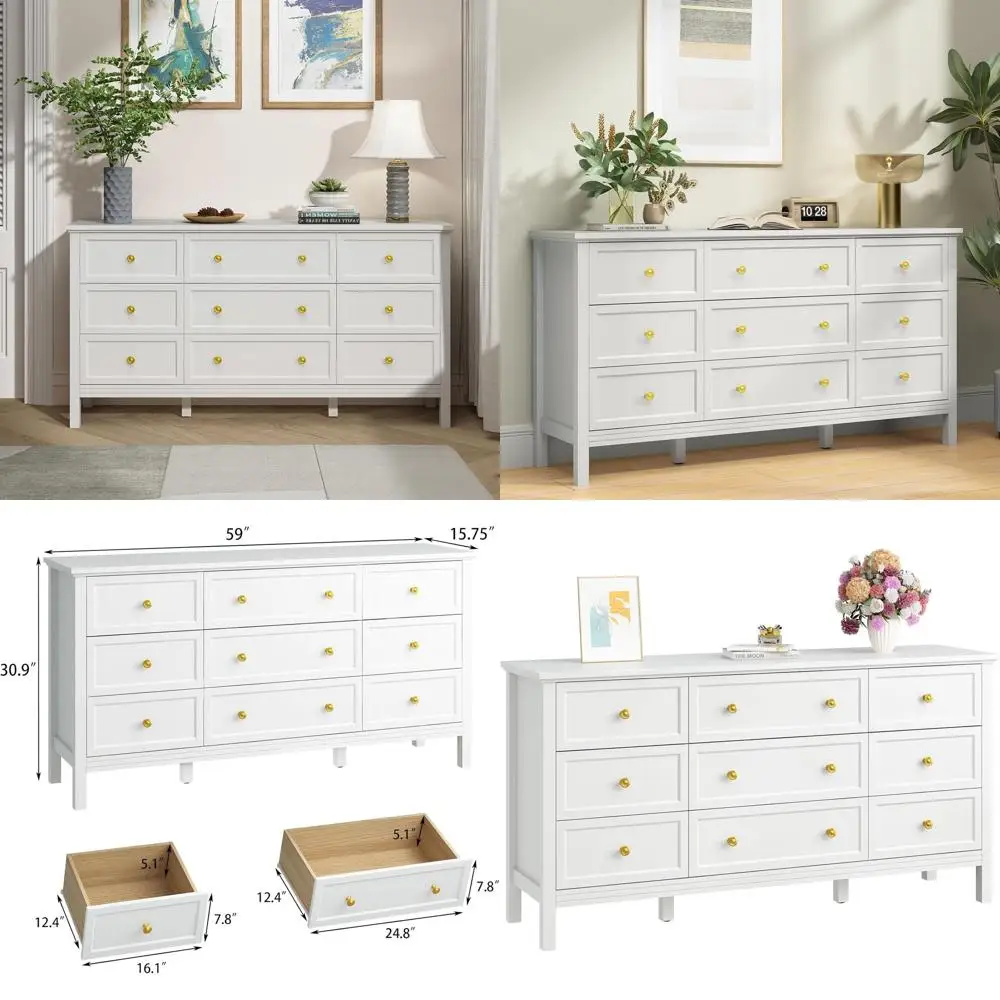

Белый комод для спальни, 9-ящичный комод с широкими ящиками и золотой фурнитурой, 59 больших комодов и тумб для прихожей или входной зоны
