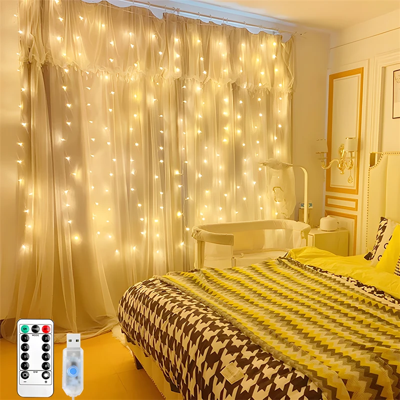 

USB LED Curtain String Lights Holiday Curtain Garland Lamp for Home Christmas Party Wedding 8 Mode Remote Fairy String Lights